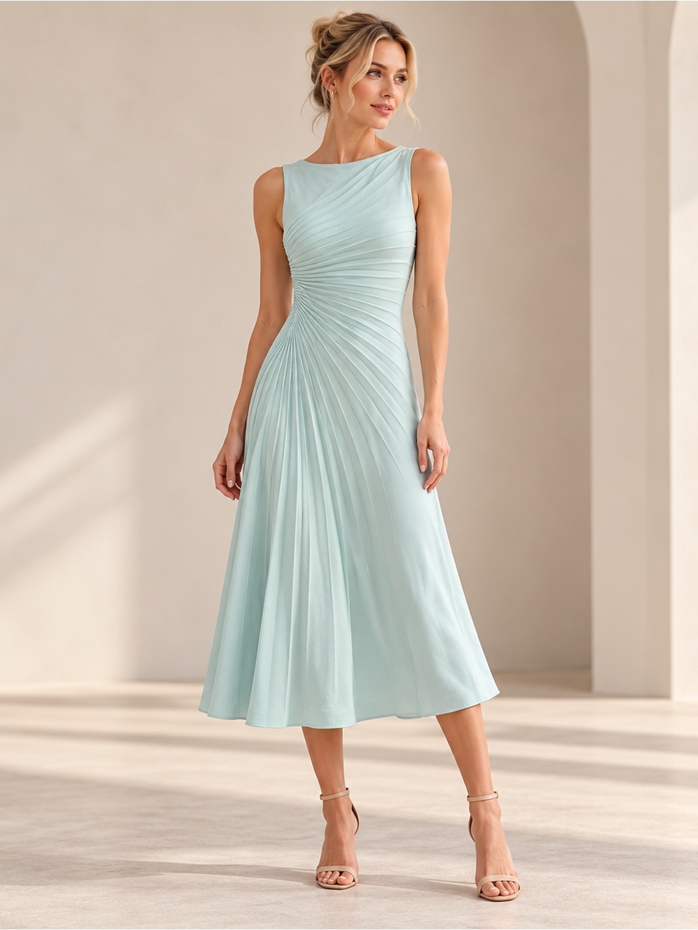 Source Unknown Pleated A-Line Midi Dress in Pale Mint S
